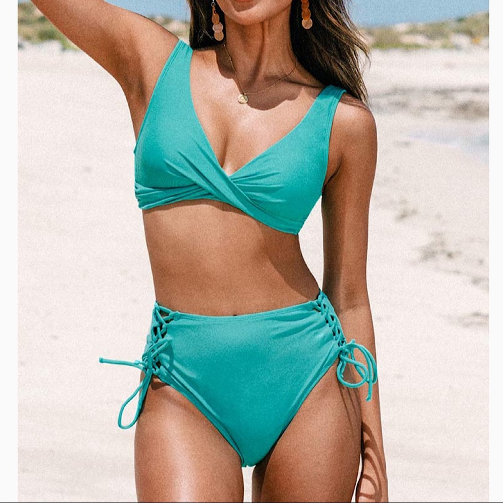 Cupshe Teal Green Lace-Up High Waist Bikini